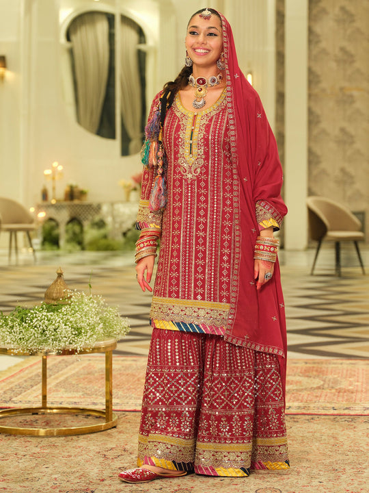 Red Embroidered Chinon Straight Kurta Sharara With Dupatta
