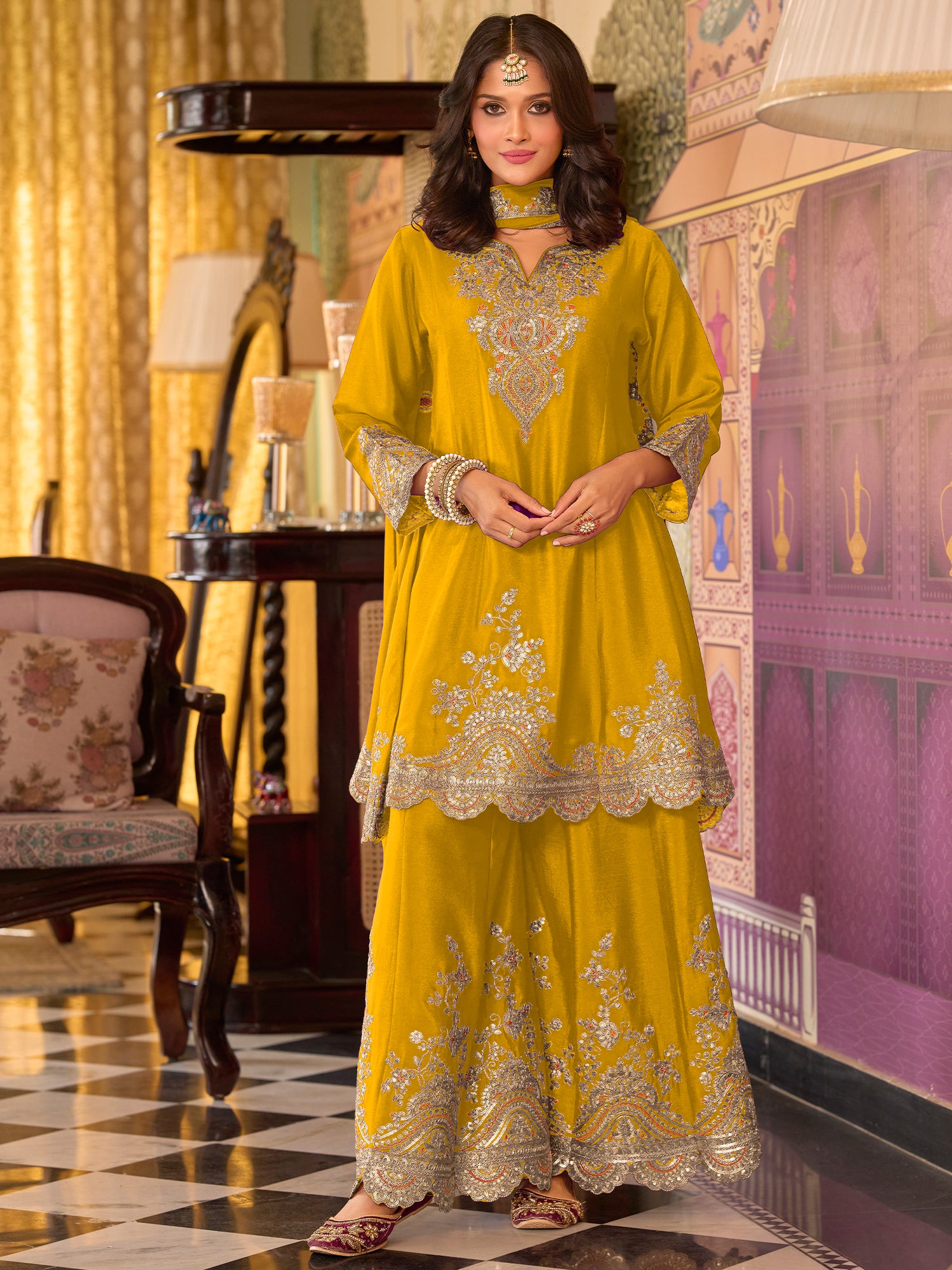 Indo Era Yellow Embroidered A-Line Kurta Palazzos With Dupatta set