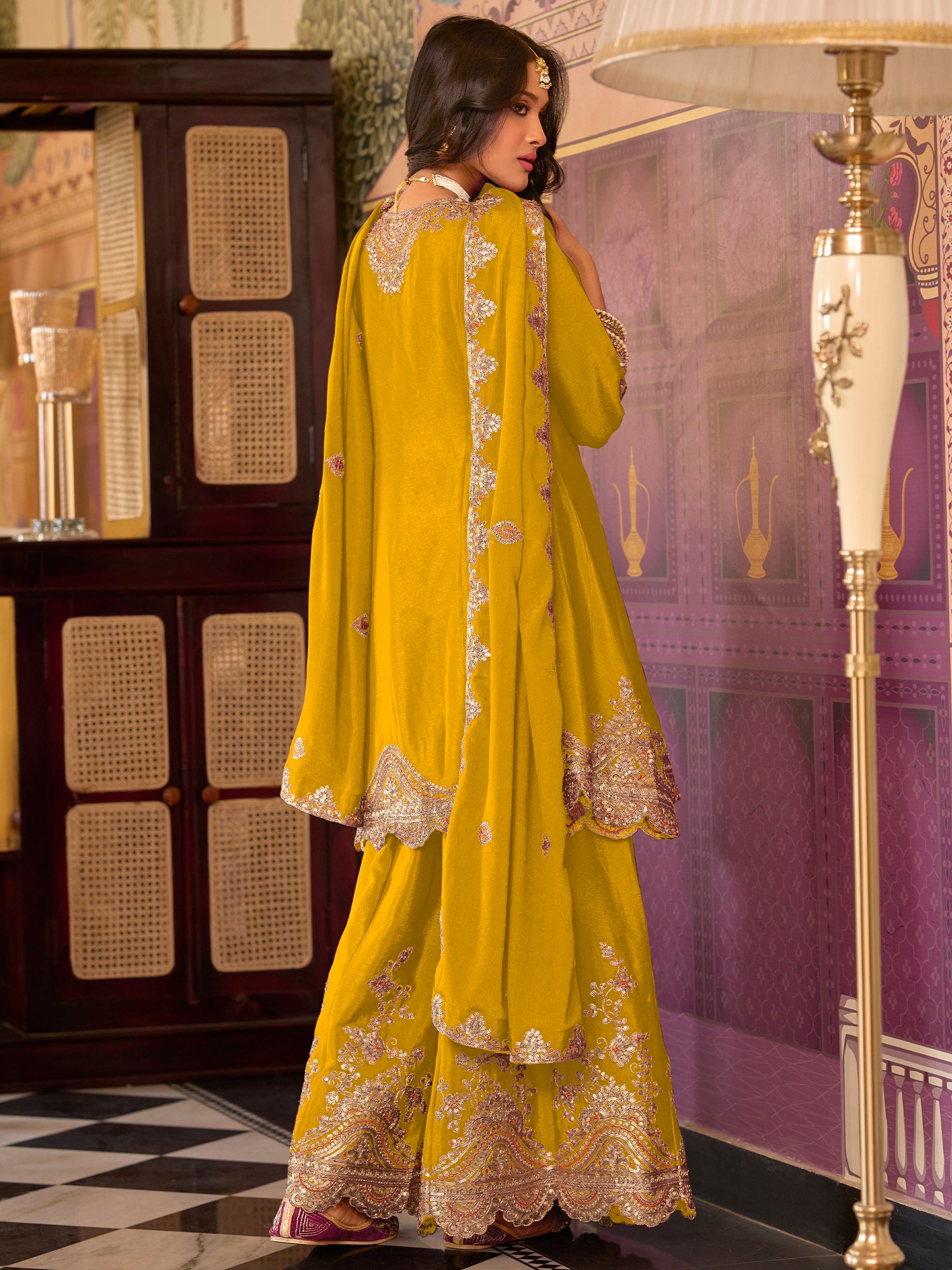 Indo Era Yellow Embroidered A-Line Kurta Palazzos With Dupatta set