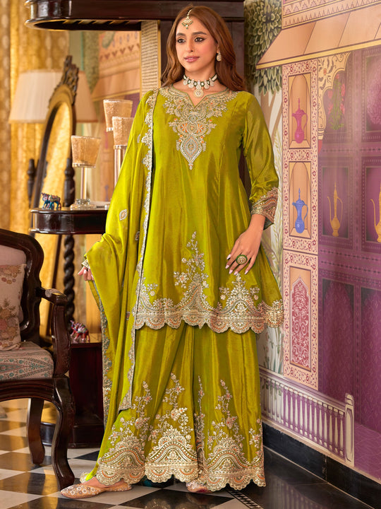 Indo Era Yellow Embroidered A-Line Kurta Palazzos With Dupatta set