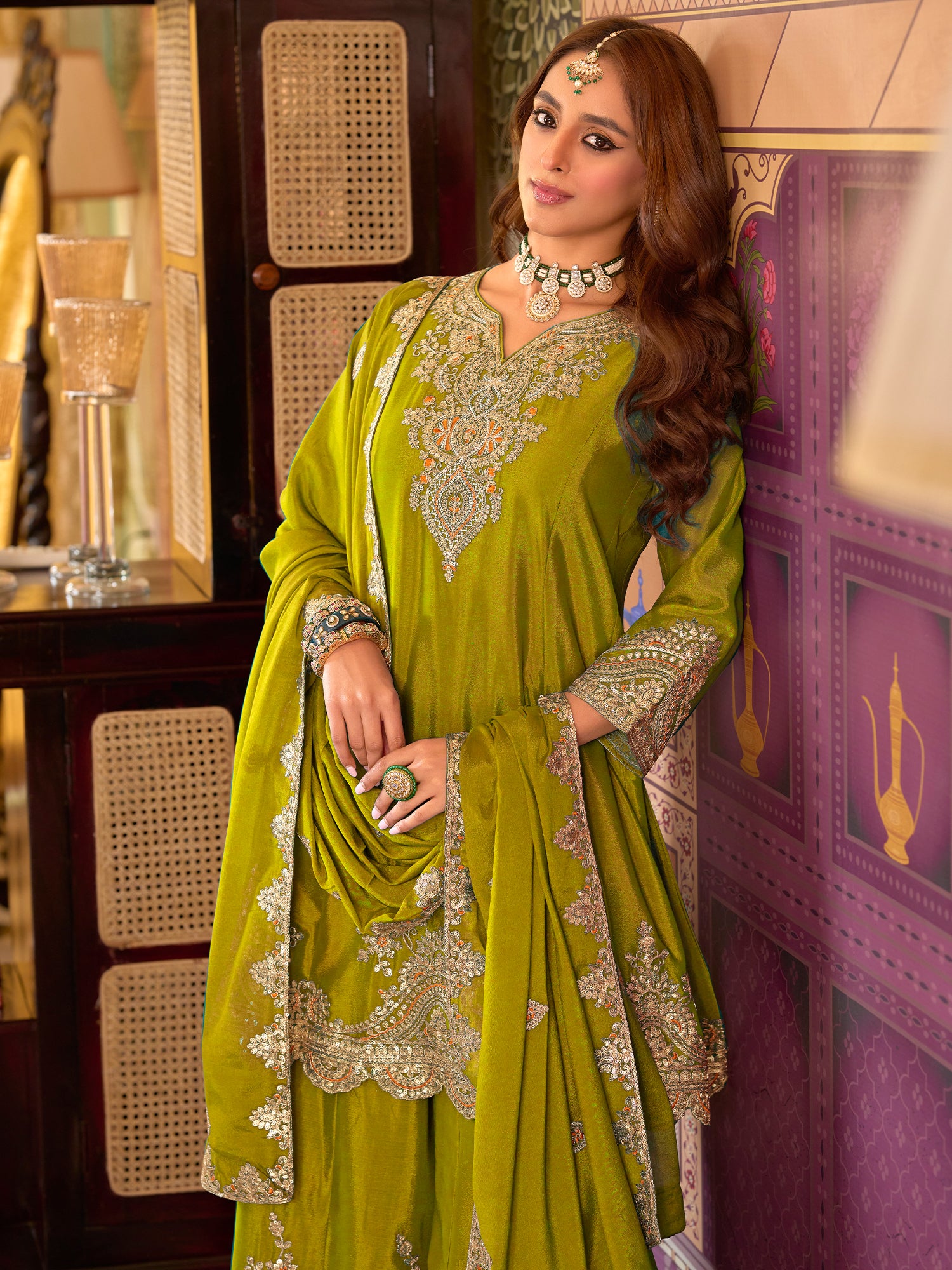 Indo Era Green Embroidered A-Line Kurta Palazzos With Dupatta set