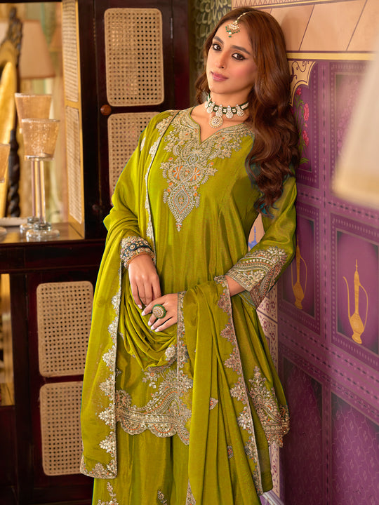 Indo Era Green Embroidered A-Line Kurta Palazzos With Dupatta set