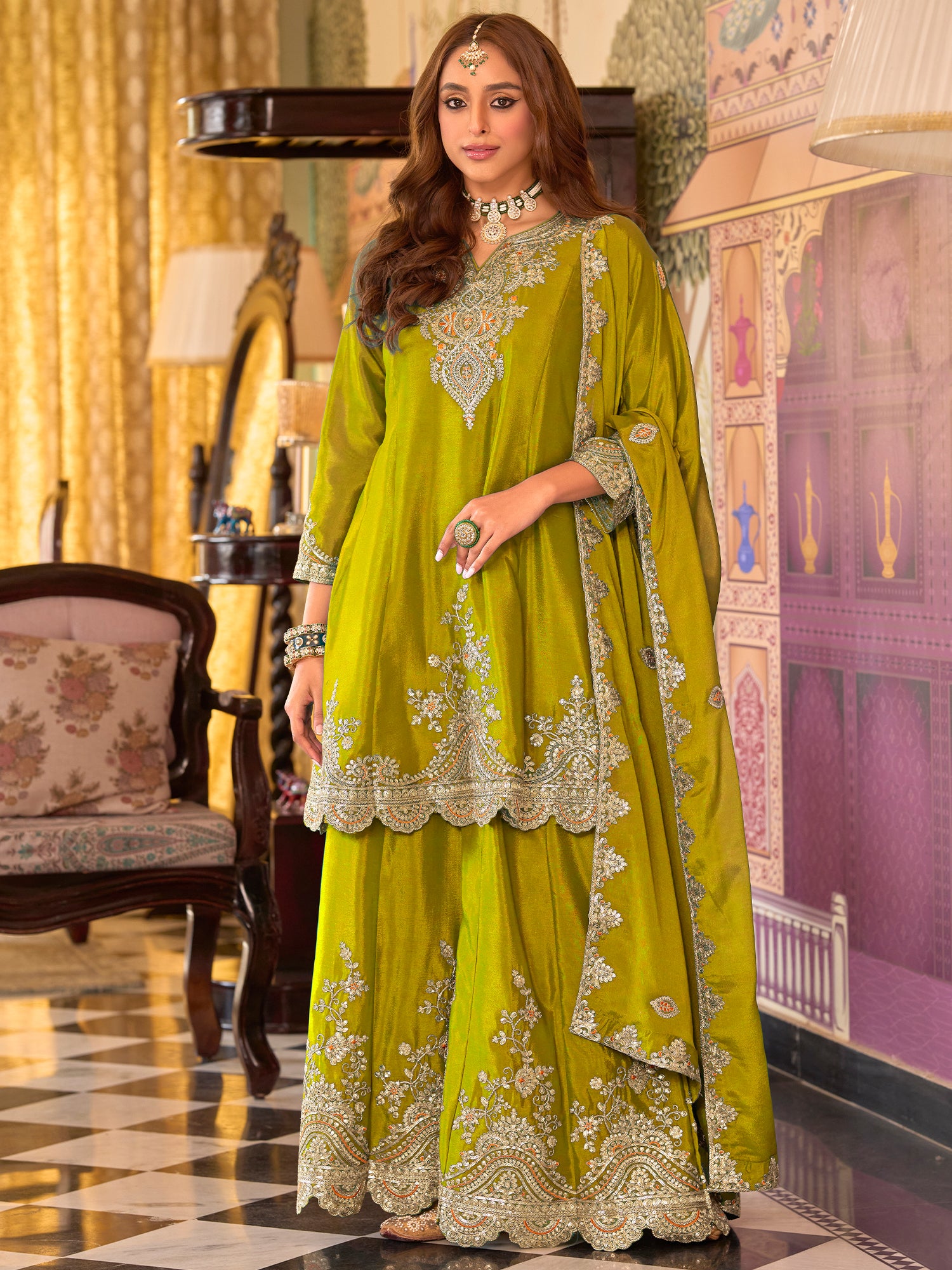 Indo Era Green Embroidered A-Line Kurta Palazzos With Dupatta set