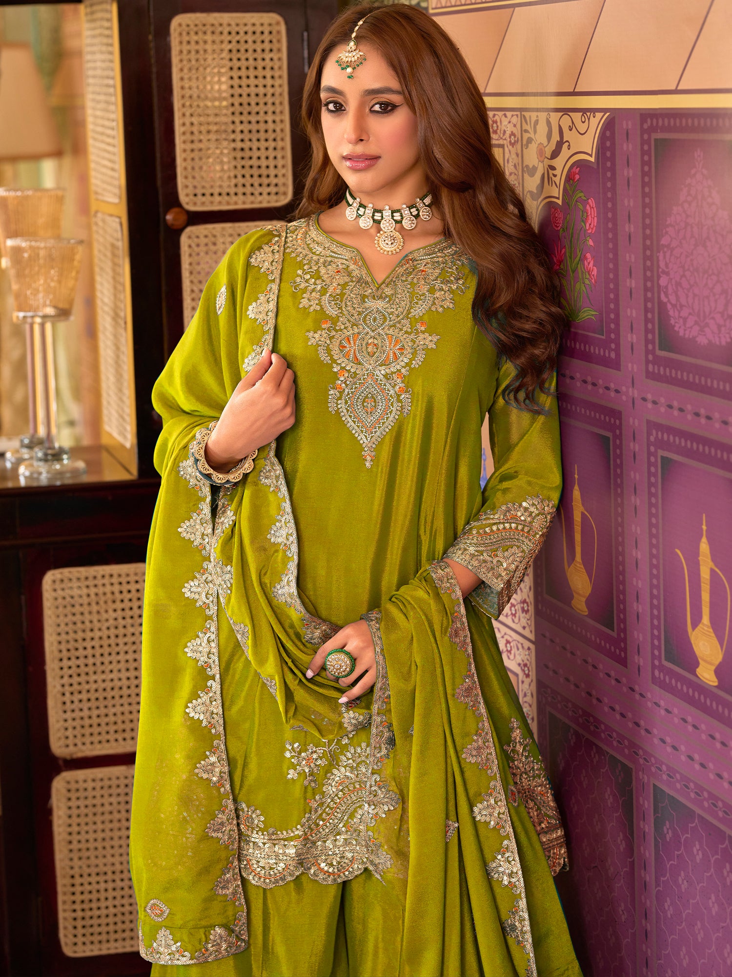 Indo Era Green Embroidered A-Line Kurta Palazzos With Dupatta set