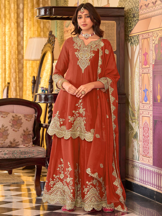 Indo Era Rust Embroidered A-Line Kurta Palazzos With Dupatta set