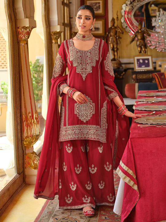 Red Embroidered Chinon Straight Kurta Palazzos With Dupatta