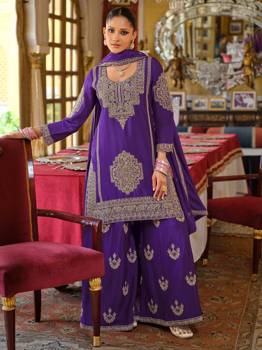 Purple Embroidered Chinon Straight Kurta Palazzos With Dupatta