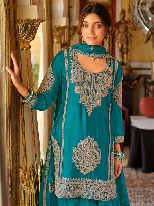 Teal Embroidered Chinon Straight Kurta Palazzos With Dupatta