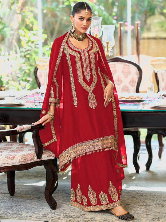 Red Embroidered Chinon A-Line Kurta Palazzos With Dupatta