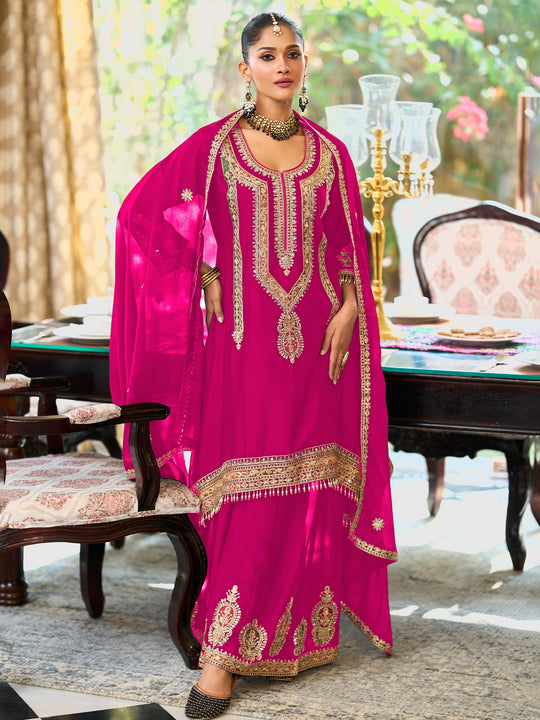 Pink Embroidered Chinon A-Line Kurta Palazzos With Dupatta