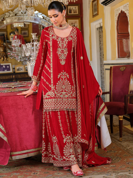 Red Embroidered Chinon Straight Kurta Palazzos With Dupatta
