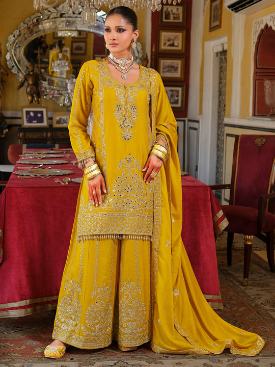 Yellow Embroidered Chinon Straight Kurta Palazzos With Dupatta