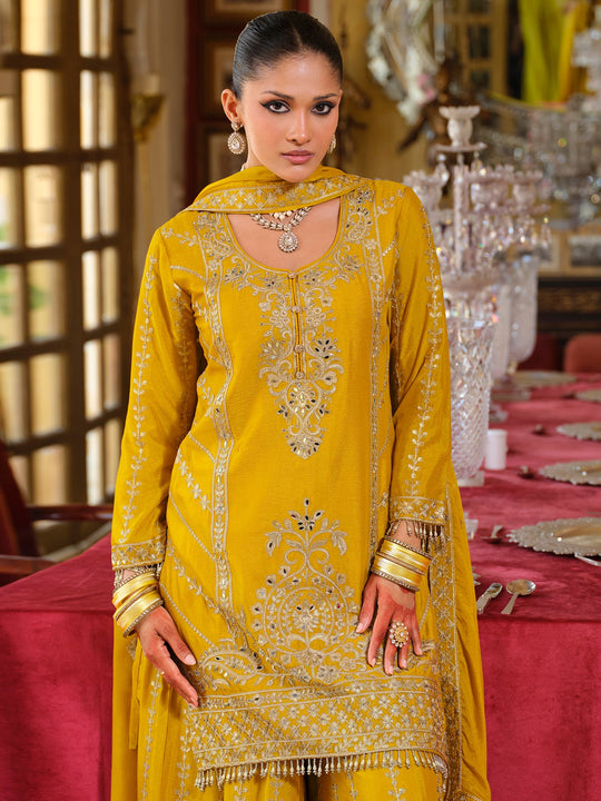 Yellow Embroidered Chinon Straight Kurta Palazzos With Dupatta