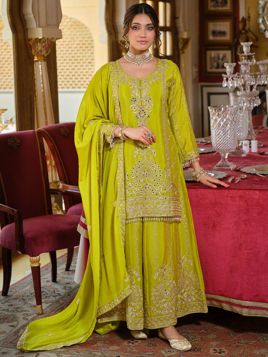 Green Embroidered Chinon Straight Kurta Palazzos With Dupatta