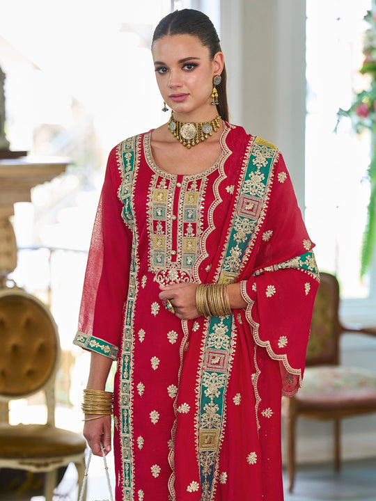 Red Embroidered Chinon Straight Suit Sets With Dupatta