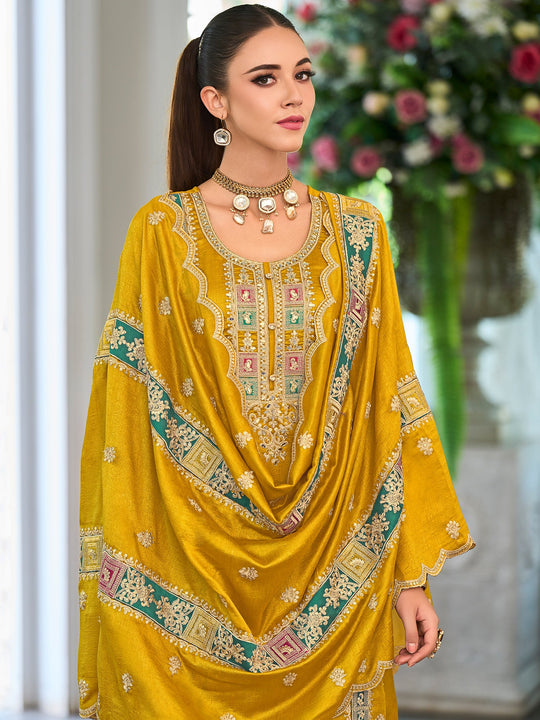 Yellow Embroidered Chinon Straight Suit Sets With Dupatta