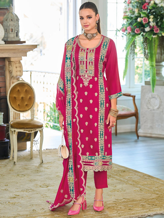 Pink Embroidered Chinon Straight Suit Sets With Dupatta