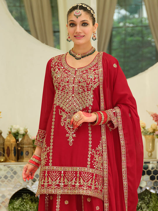 Red Embroidered Chinon Straight Kurta Skirt With Dupatta