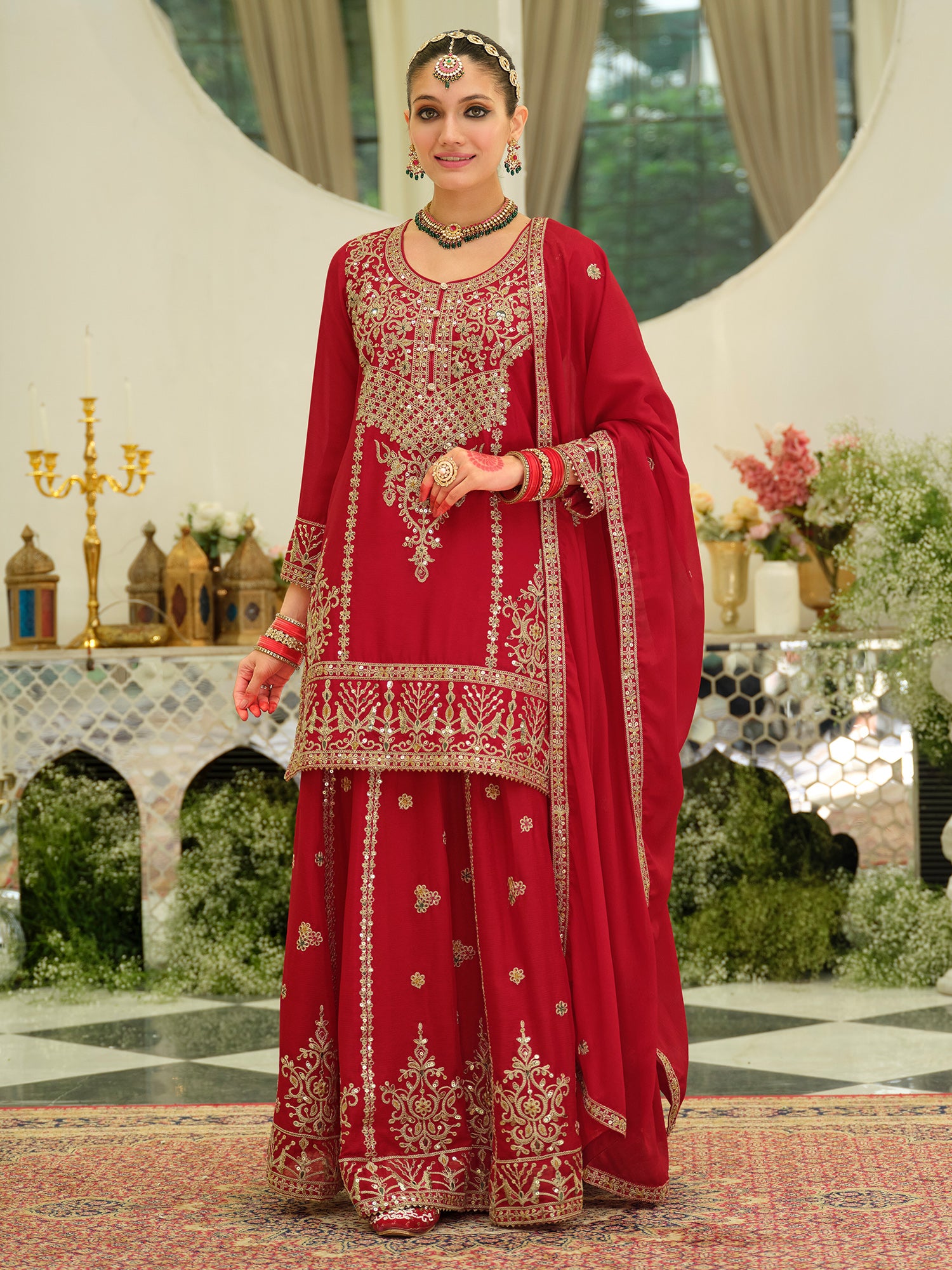 Red Embroidered Chinon Straight Kurta Skirt With Dupatta