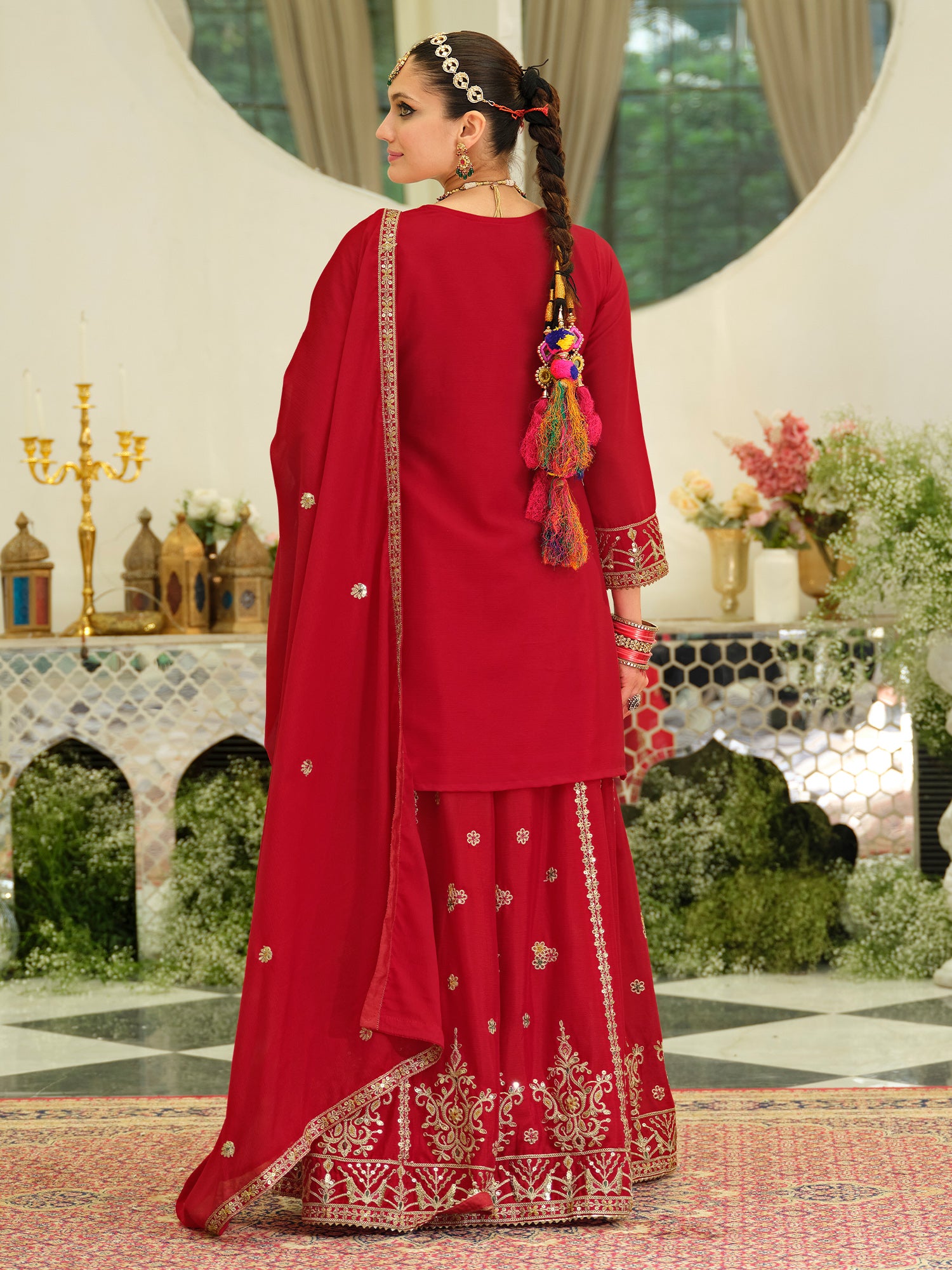 Red Embroidered Chinon Straight Kurta Skirt With Dupatta