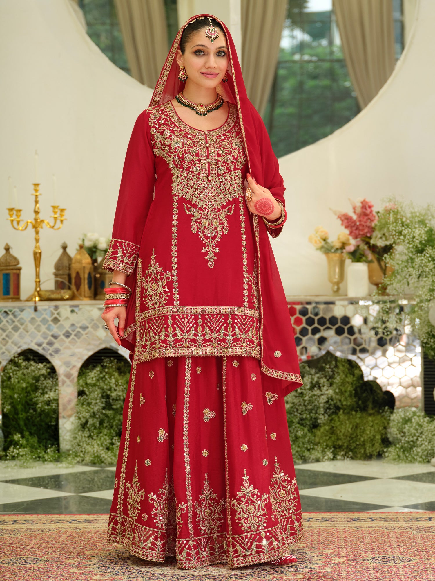Red Embroidered Chinon Straight Kurta Skirt With Dupatta