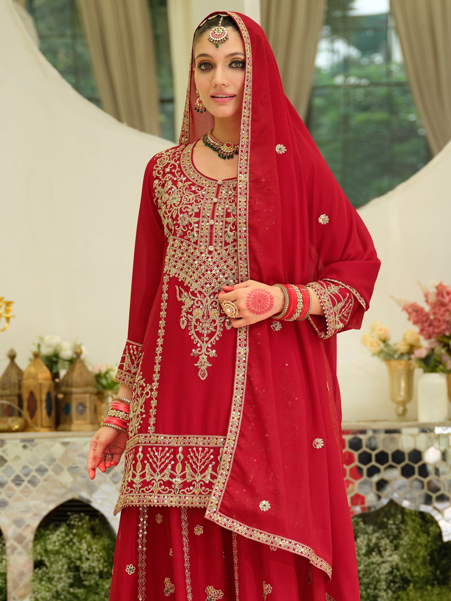 Red Embroidered Chinon Straight Kurta Skirt With Dupatta
