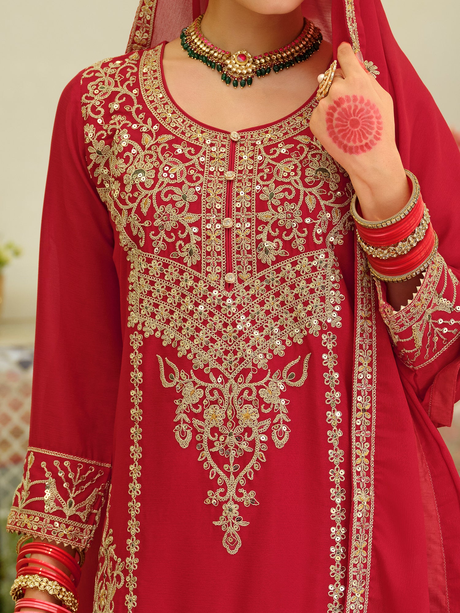 Red Embroidered Chinon Straight Kurta Skirt With Dupatta