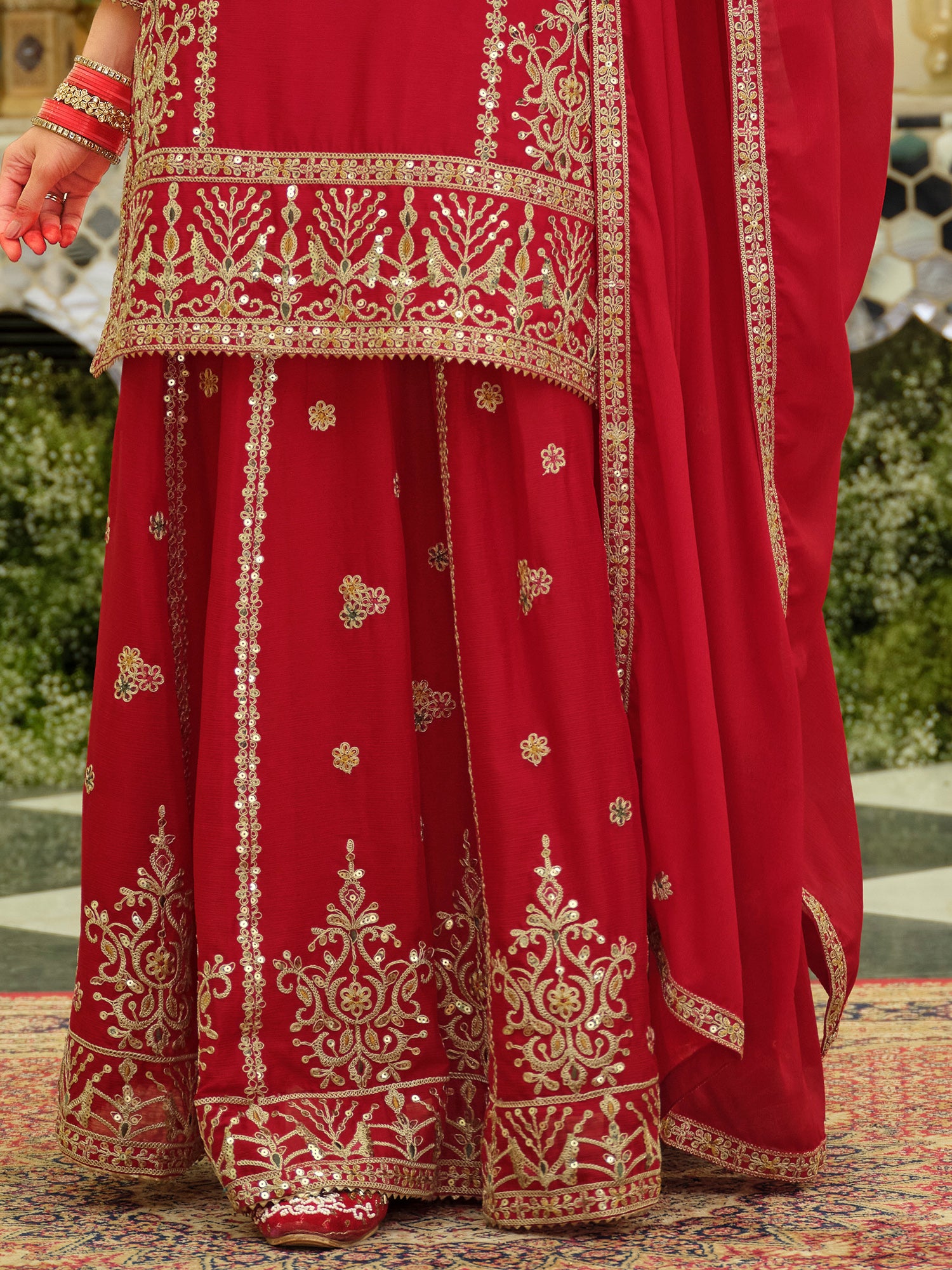 Red Embroidered Chinon Straight Kurta Skirt With Dupatta