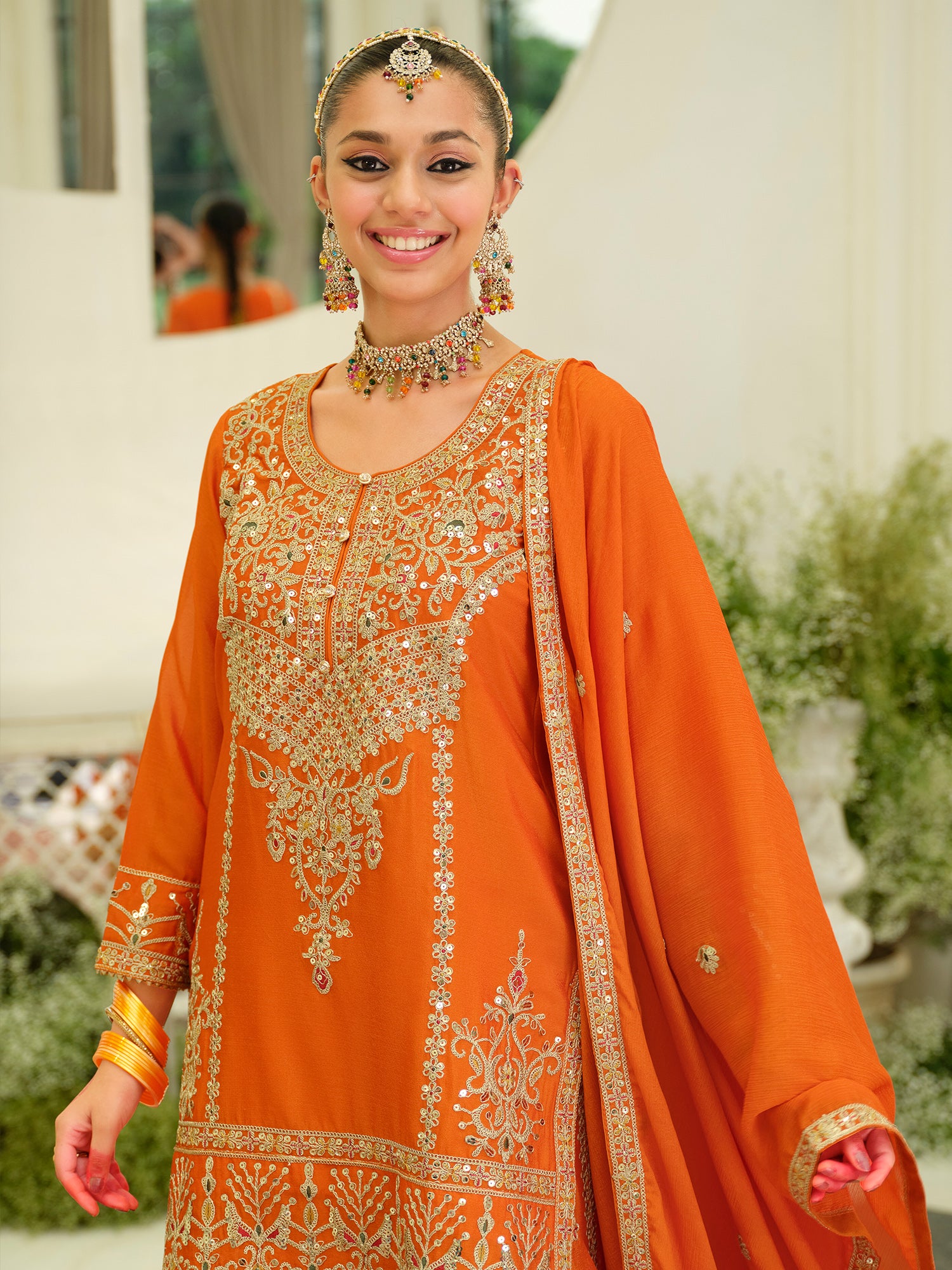 Orange Embroidered Chinon Straight Kurta Skirt With Dupatta