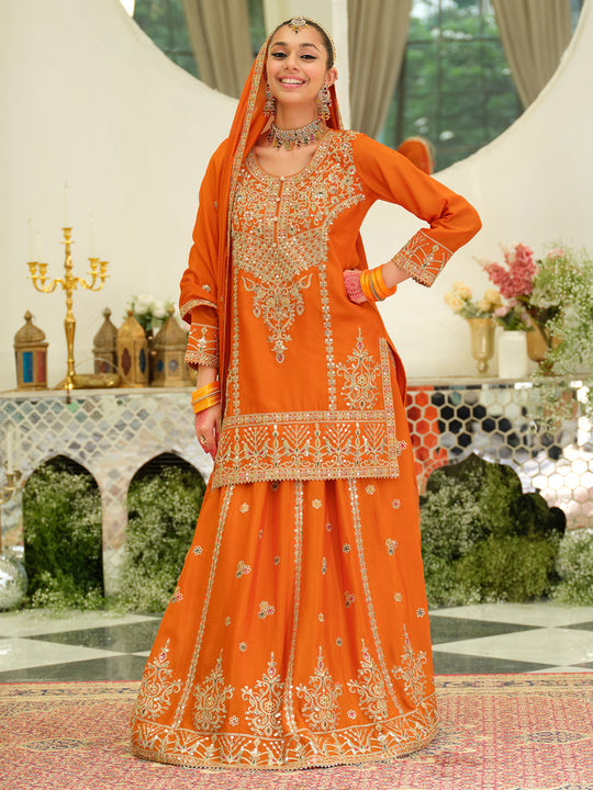 Orange Embroidered Chinon Straight Kurta Skirt With Dupatta