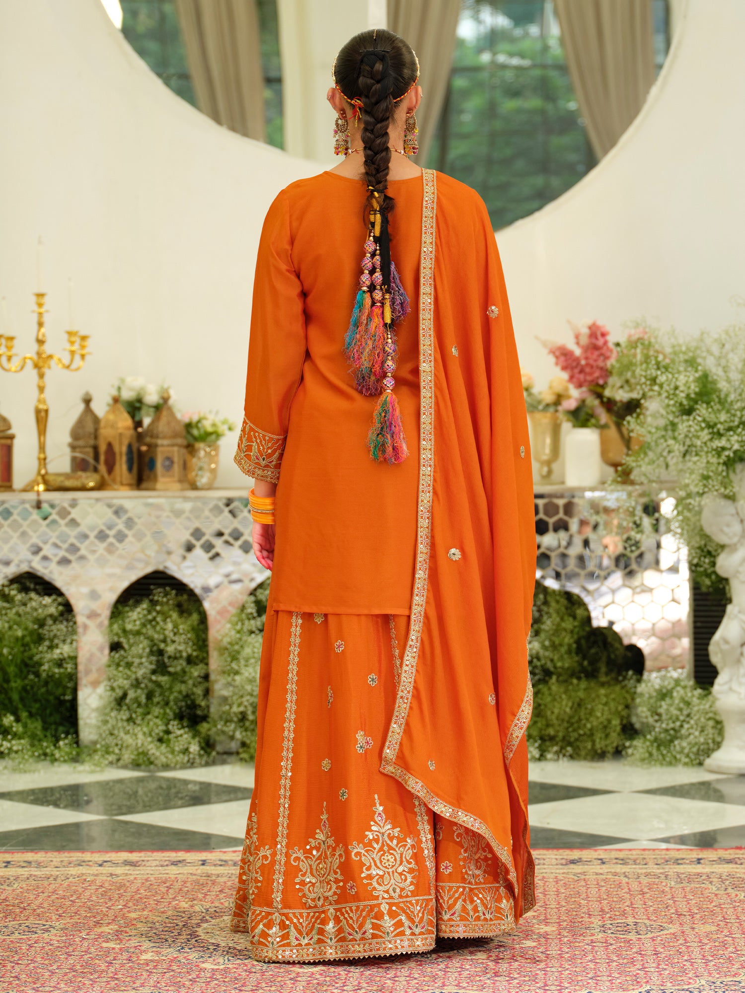 Orange Embroidered Chinon Straight Kurta Skirt With Dupatta