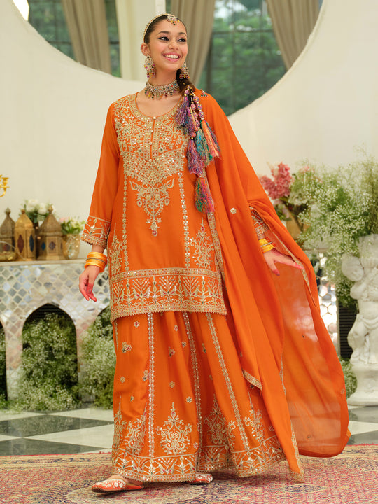 Orange Embroidered Chinon Straight Kurta Skirt With Dupatta