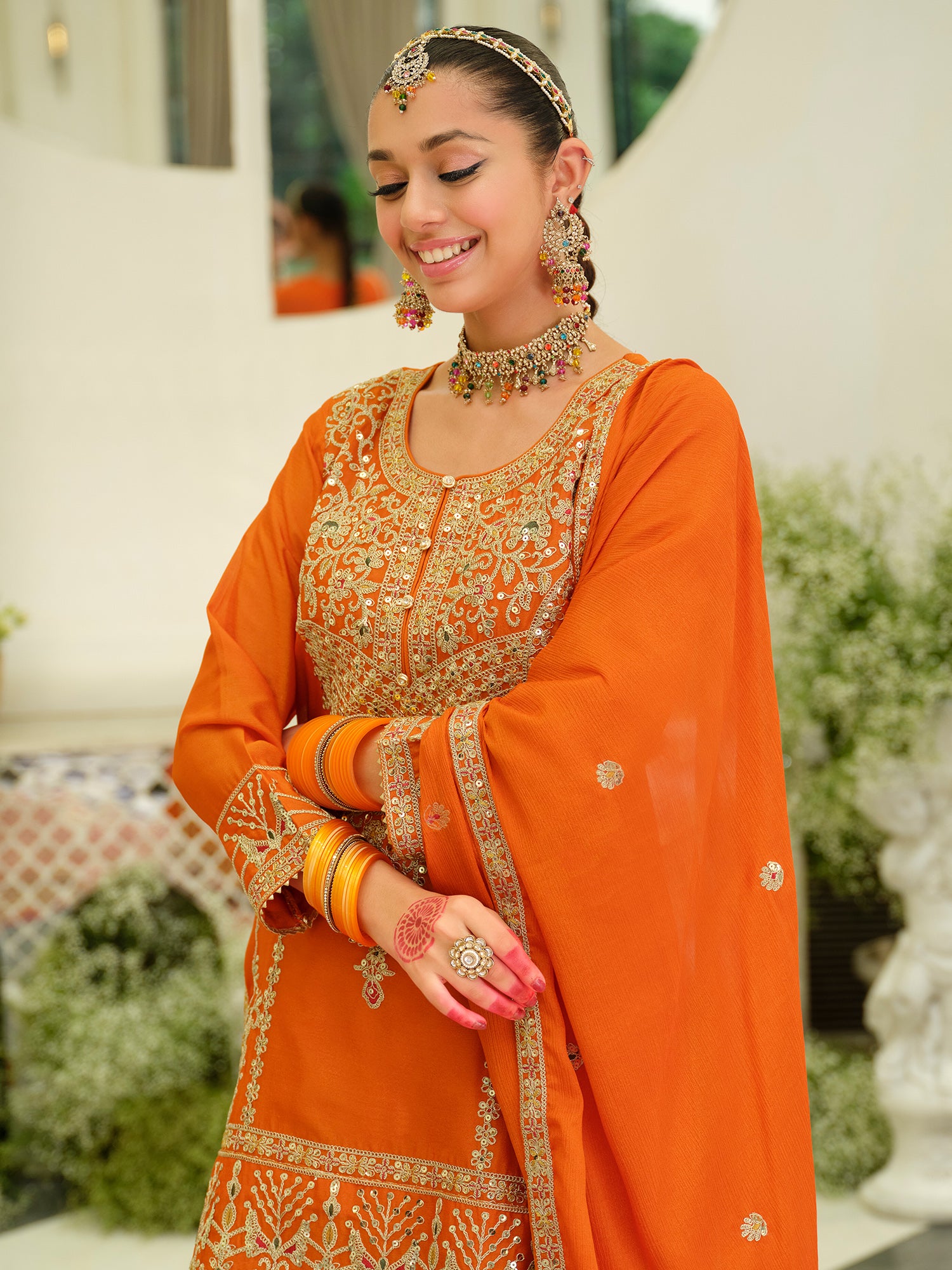 Orange Embroidered Chinon Straight Kurta Skirt With Dupatta