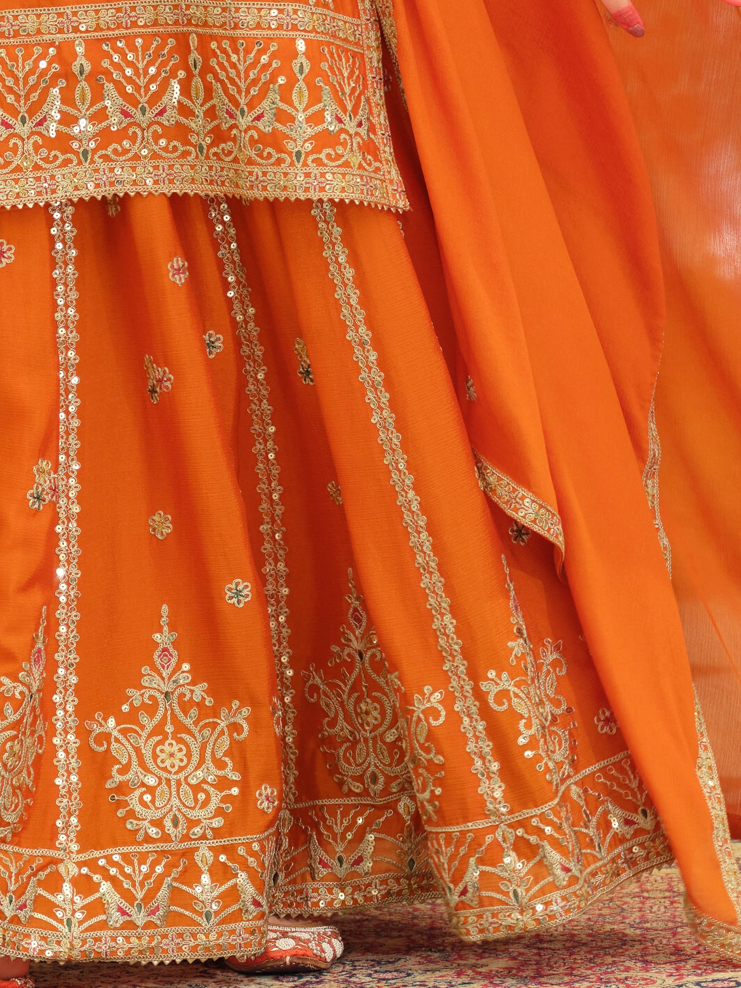 Orange Embroidered Chinon Straight Kurta Skirt With Dupatta