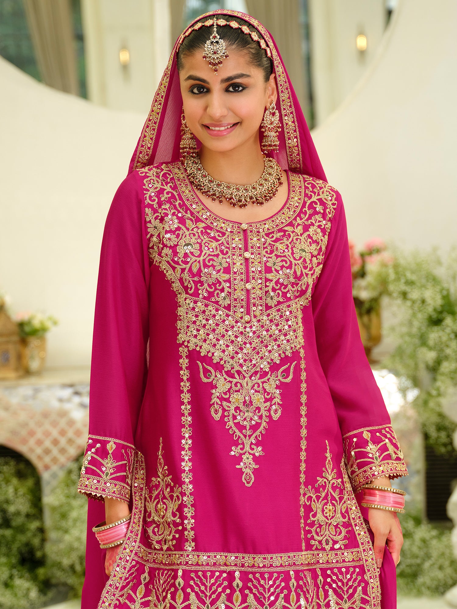 Pink Embroidered Chinon Straight Kurta Skirt With Dupatta