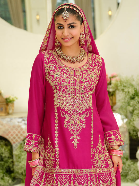 Pink Embroidered Chinon Straight Kurta Skirt With Dupatta