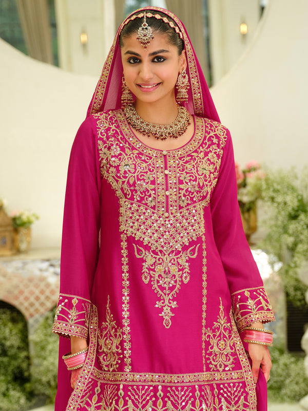 Pink Embroidered Chinon Straight Kurta Skirt With Dupatta