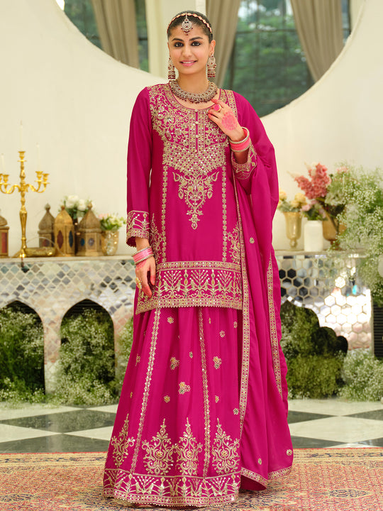 Pink Embroidered Chinon Straight Kurta Skirt With Dupatta