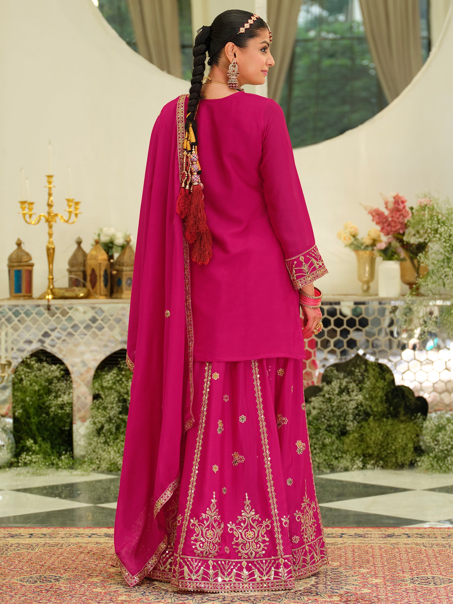 Pink Embroidered Chinon Straight Kurta Skirt With Dupatta