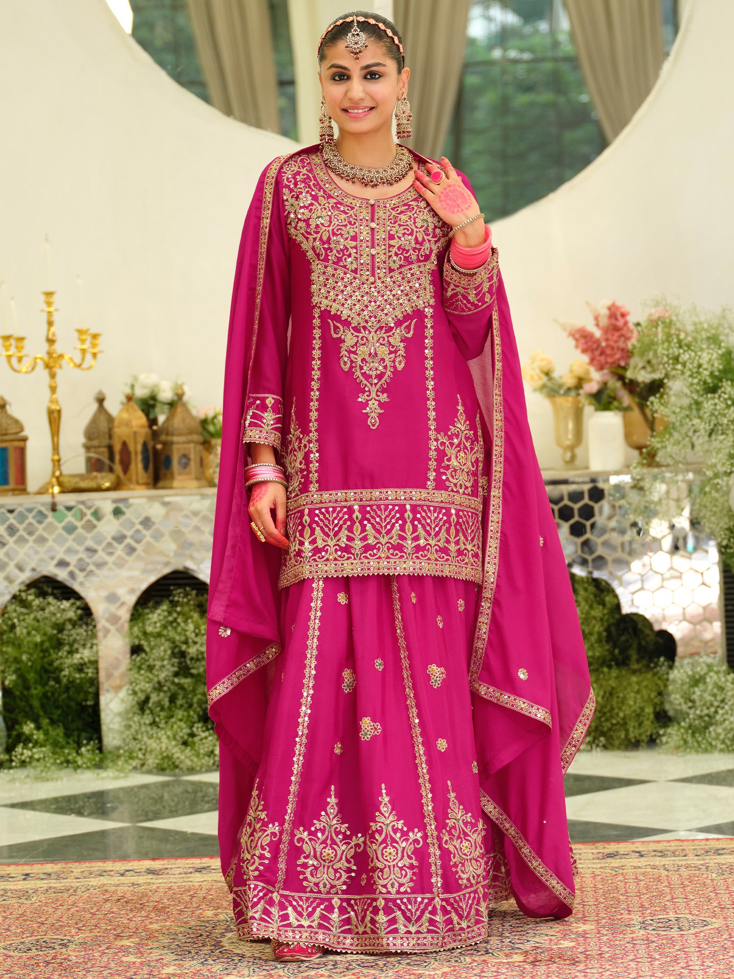 Pink Embroidered Chinon Straight Kurta Skirt With Dupatta