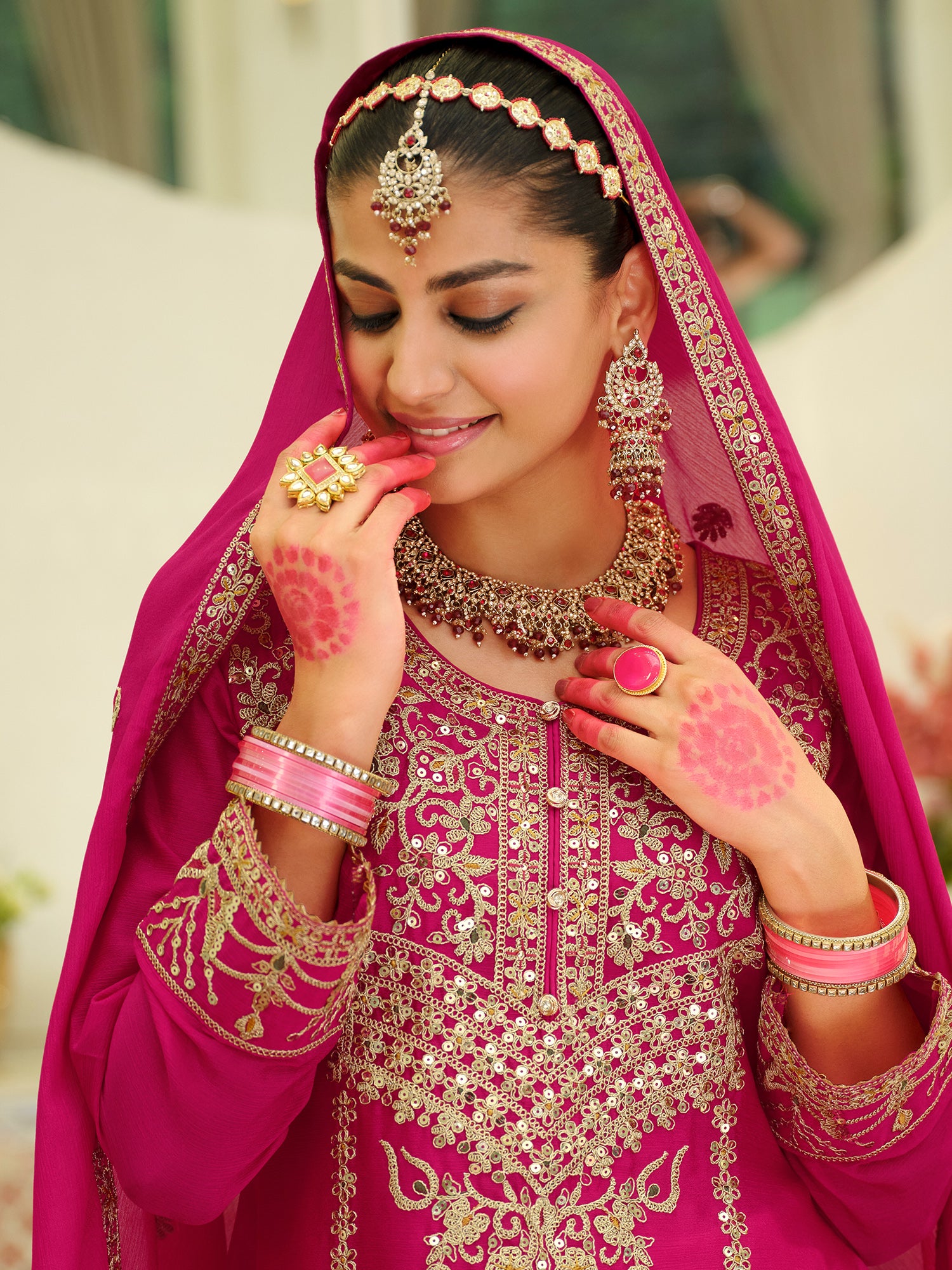 Pink Embroidered Chinon Straight Kurta Skirt With Dupatta