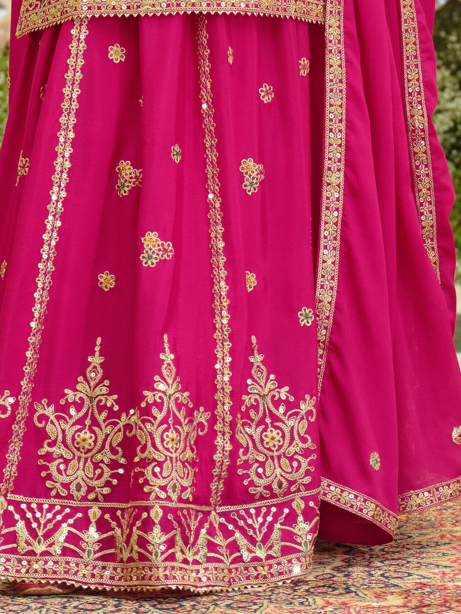 Pink Embroidered Chinon Straight Kurta Skirt With Dupatta