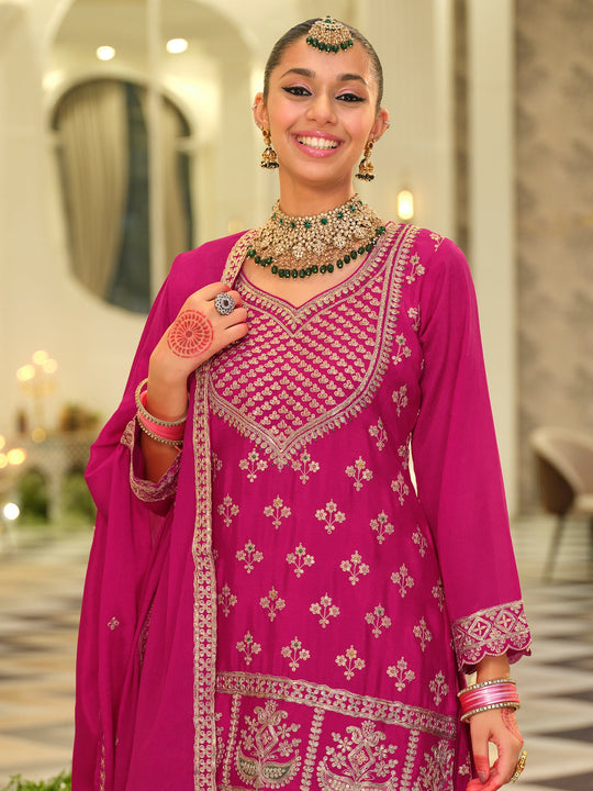 Indo Era Pink Embroidered Straight Kurta Skirt With Dupatta set