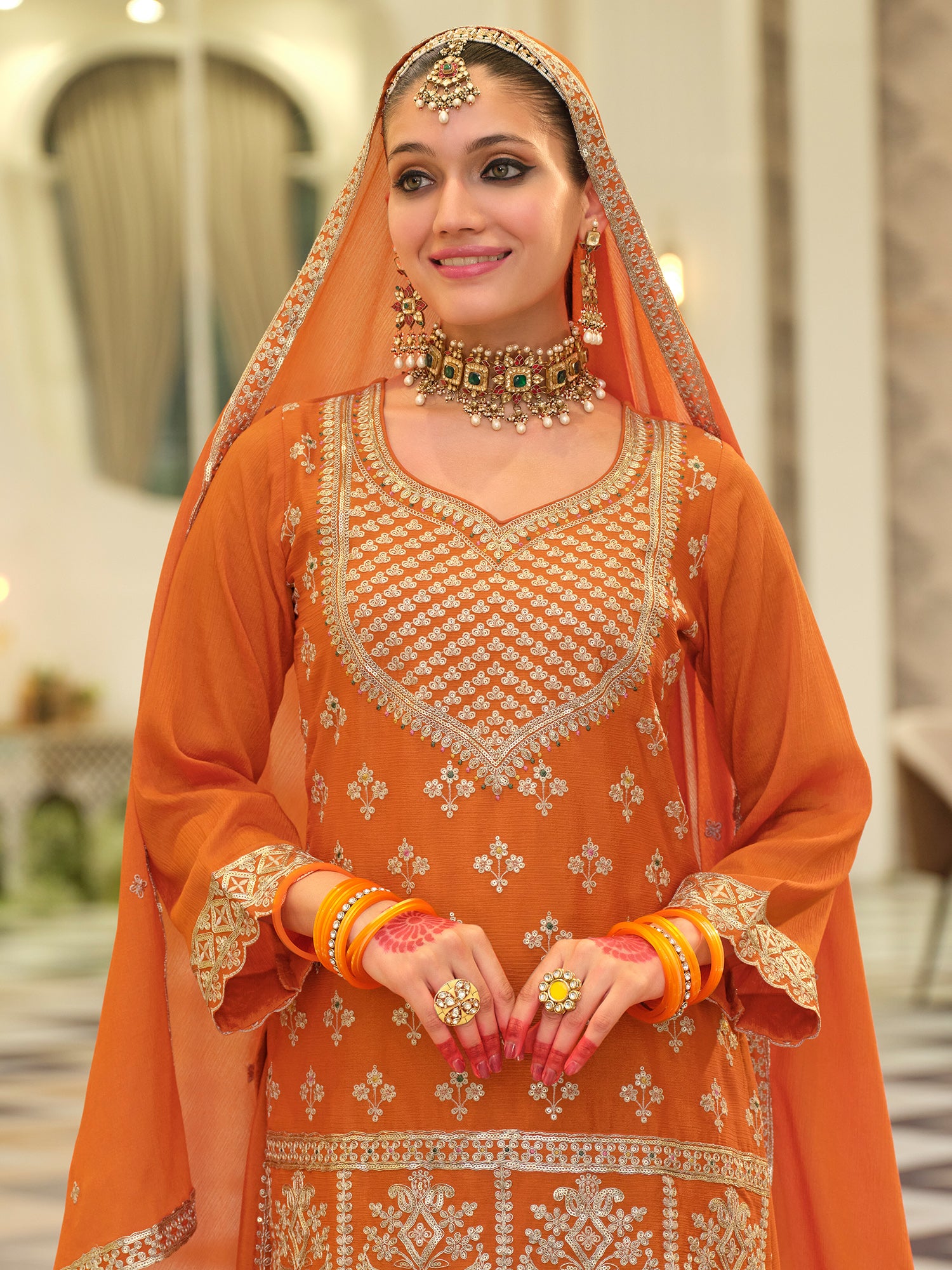 Orange Embroidered Chinon Straight Kurta Skirt With Dupatta