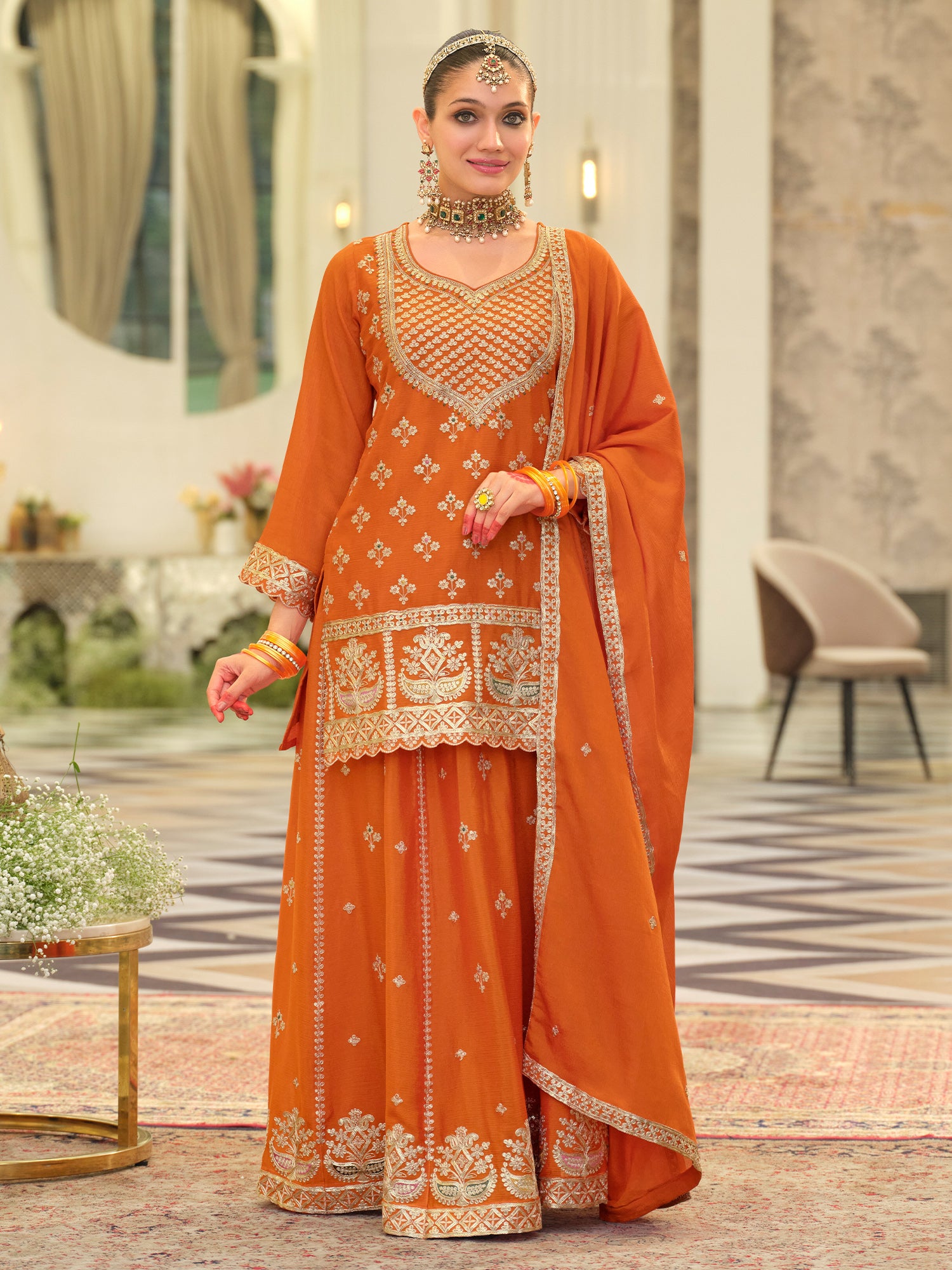 Orange Embroidered Chinon Straight Kurta Skirt With Dupatta