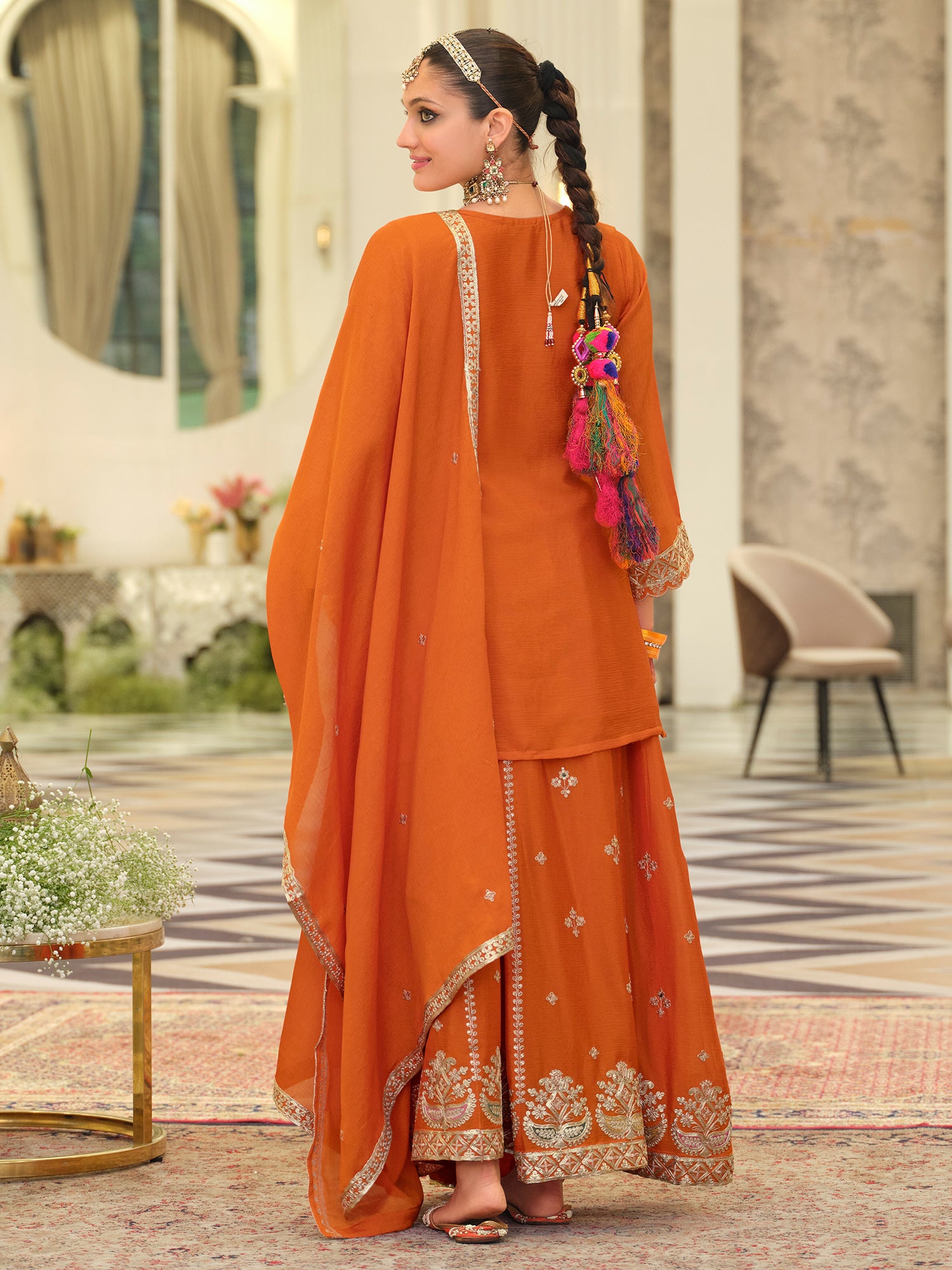 Orange Embroidered Chinon Straight Kurta Skirt With Dupatta
