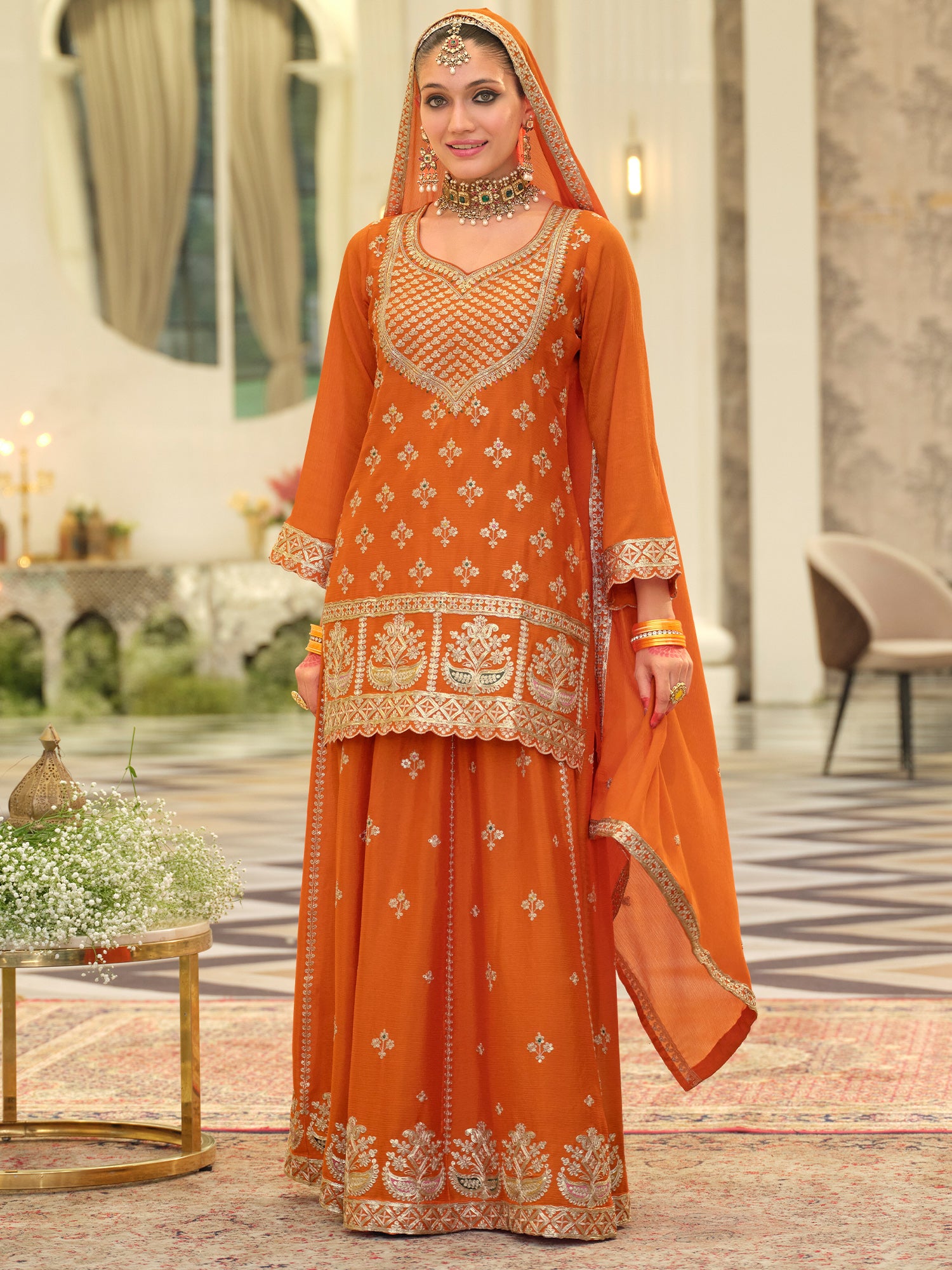 Orange Embroidered Chinon Straight Kurta Skirt With Dupatta