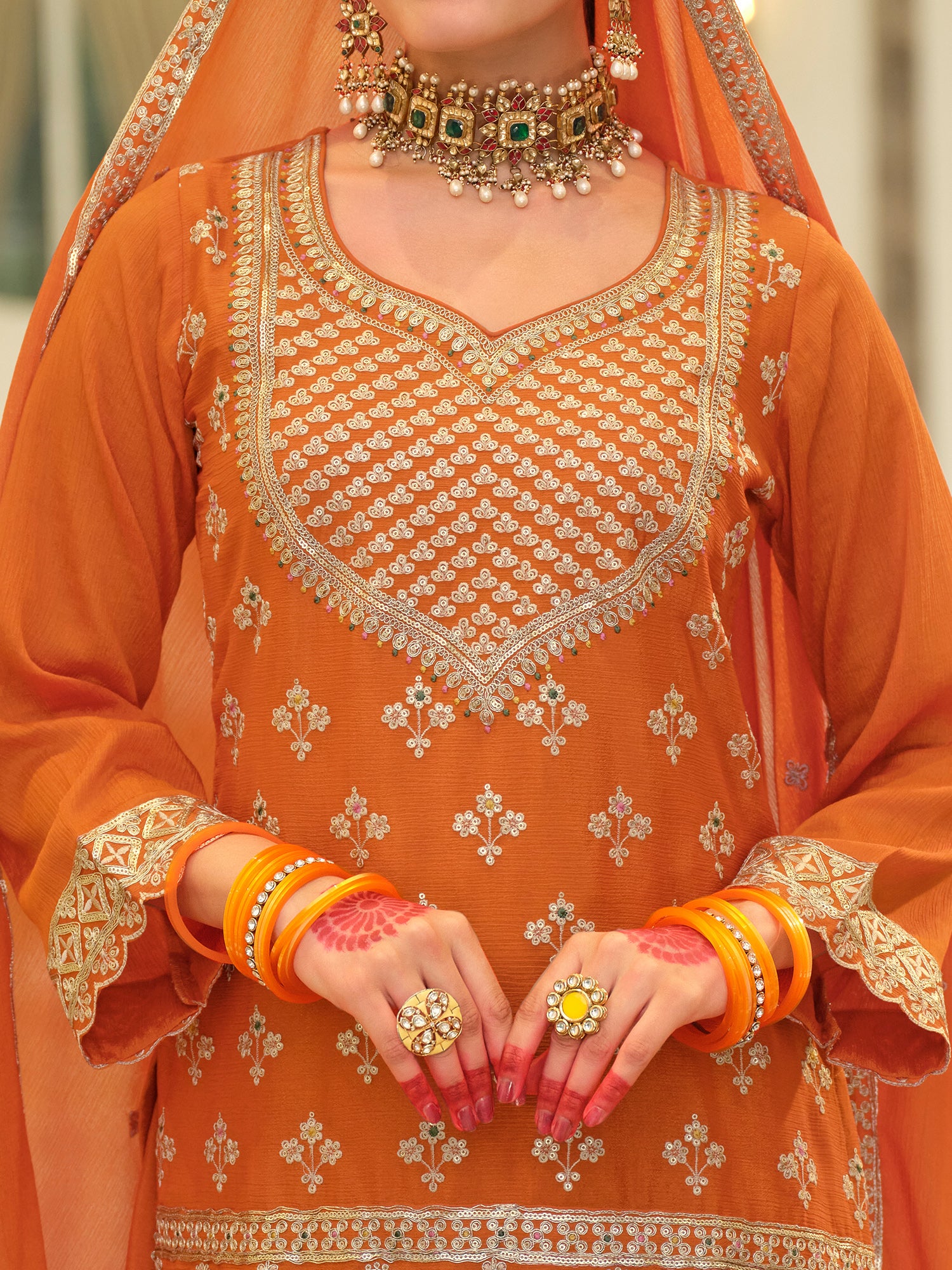 Orange Embroidered Chinon Straight Kurta Skirt With Dupatta