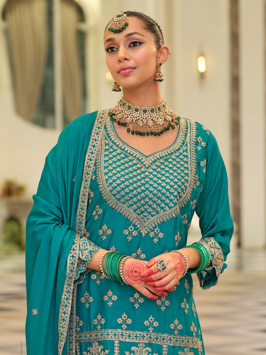 Turquoise Blue Embroidered Chinon Straight Kurta Skirt With Dupatta