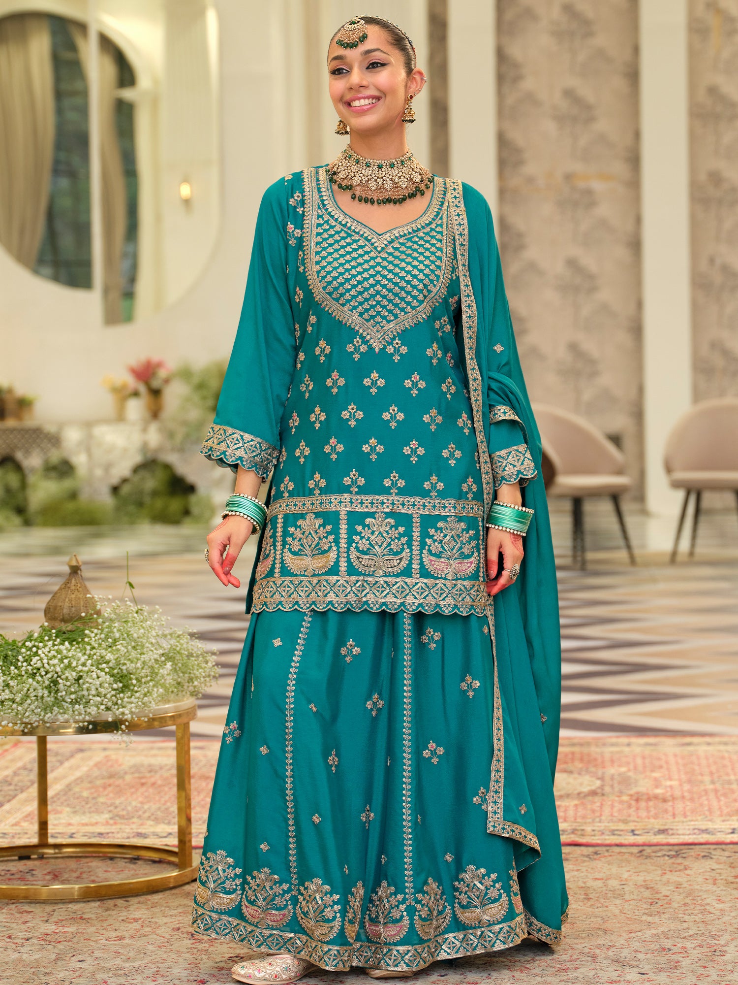 Turquoise Blue Embroidered Chinon Straight Kurta Skirt With Dupatta
